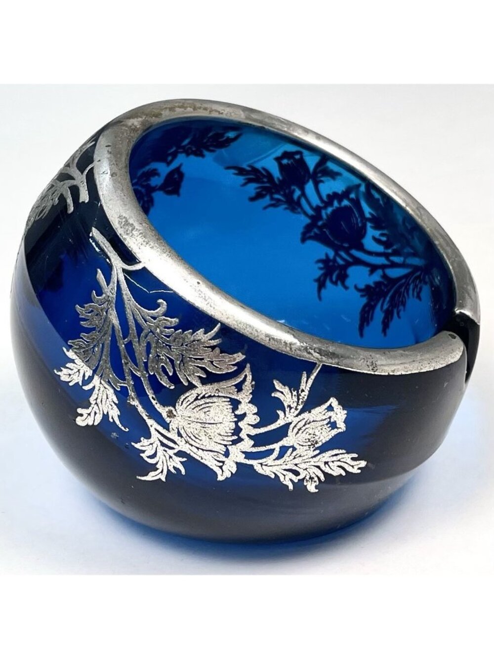 VTG MCM VIKING Bluenique Blue Heavy Glass Orb ASHTRAY w/ Sterling Wrap Flanders